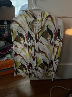 Worthington White Blouse with Green, Brown, Black & Pink Abstract Print